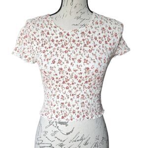 Hollister Women's Size Medium Cream Pink Floral Shirred Crop T-shirt